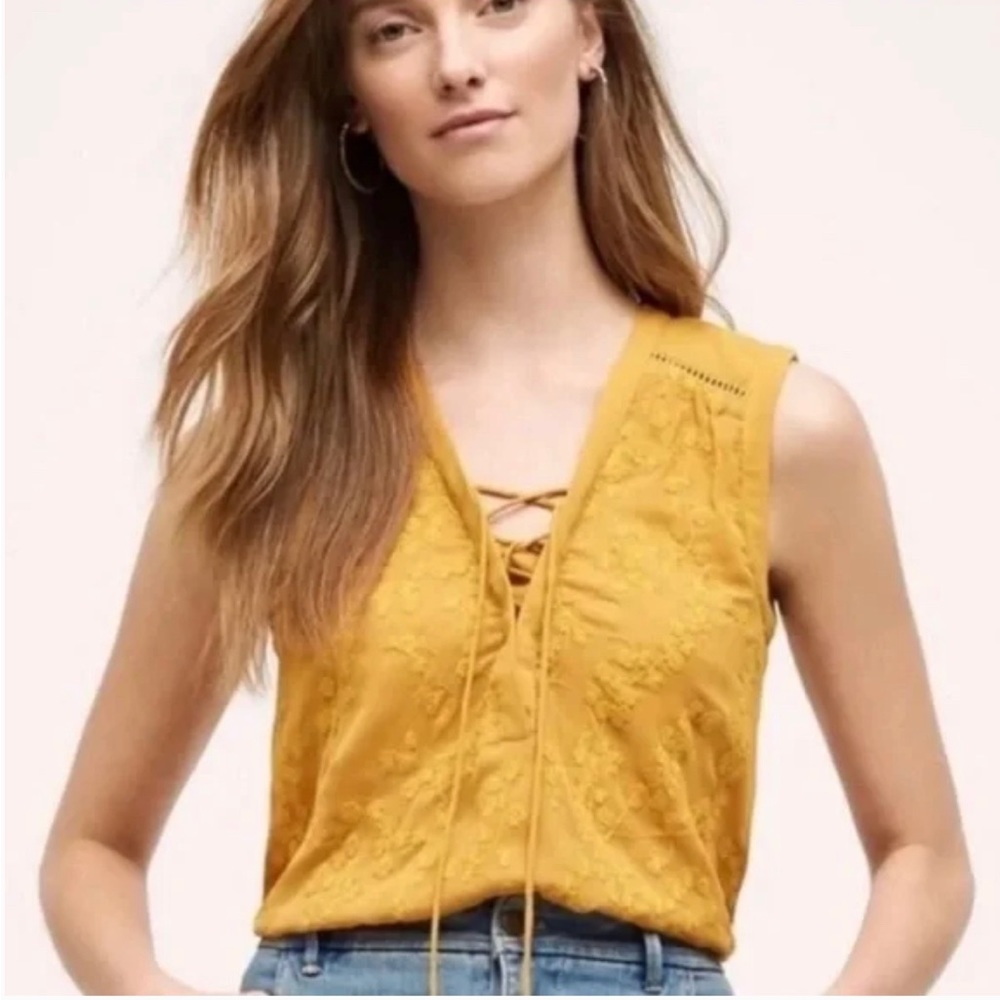 Anthropologie Maeve Mustard Yellow Floral Detail Sleeveless Blouse